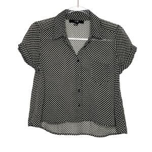 XXI Polka Dot Cropped Sheer Button Down Blouse Cap Sleeve Black White Size Small